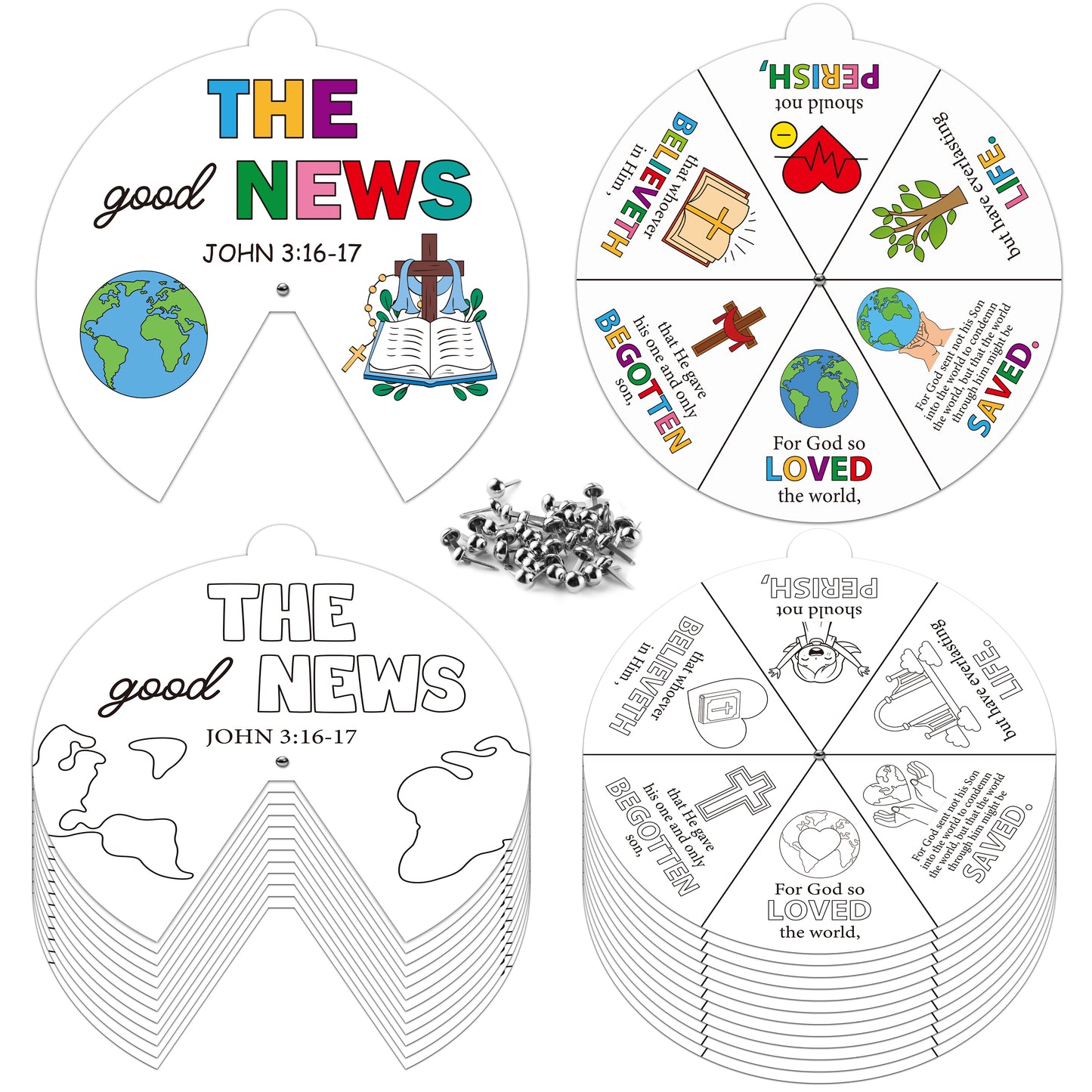 COcnny Religious Coloring Wheel Craft - 24 Sets Color Your Own Art Spining Cards for Kids, The Good News John 3:16 Wheel Kit DIY Craft Art Cards for Sunday School Christian Classroom Home Activities