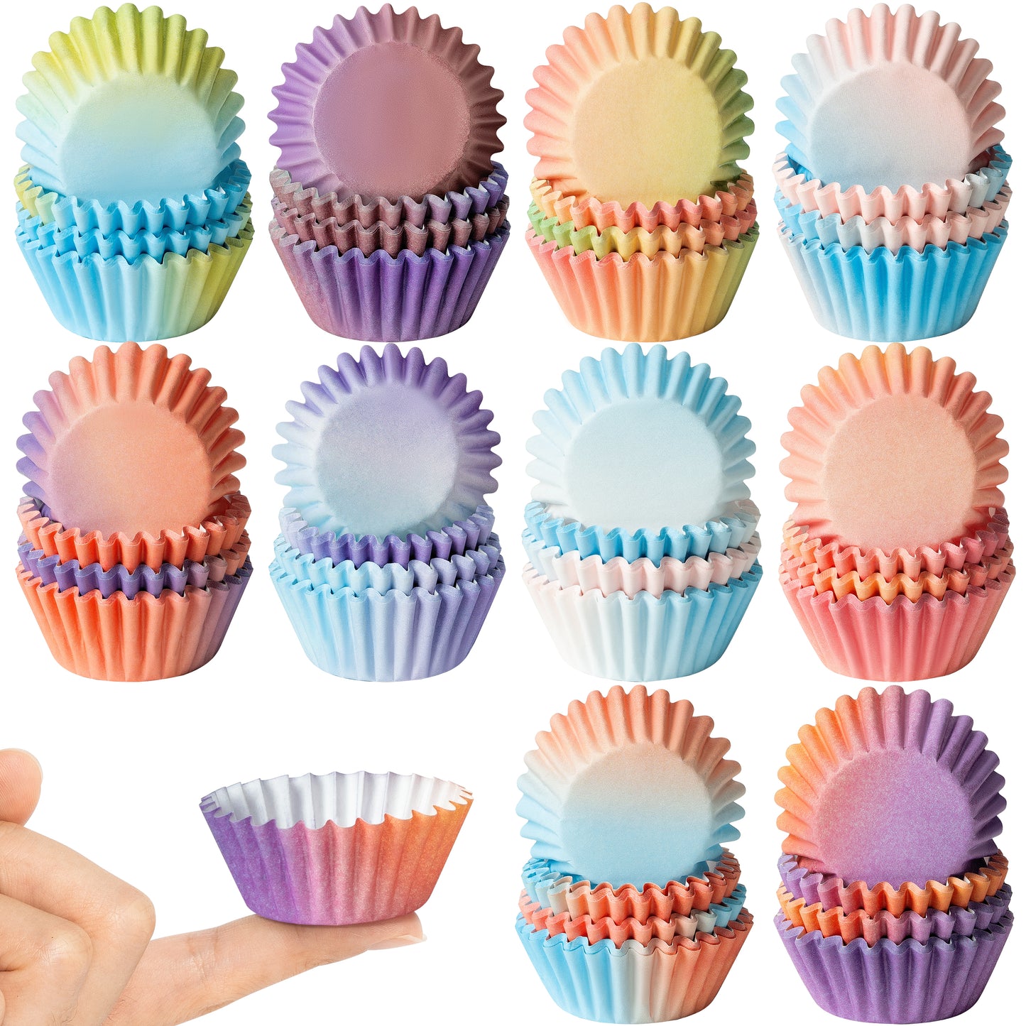 COcnny Mini Cupcake Paper Liner - 600pcs Gradient Pastel Baking Cups Muffin Cupcake Wrappers, Purple Blue Orange Cake Chocolate Candy Wrap Supplies for Birthday Wedding Baby Shower (10 Styles)