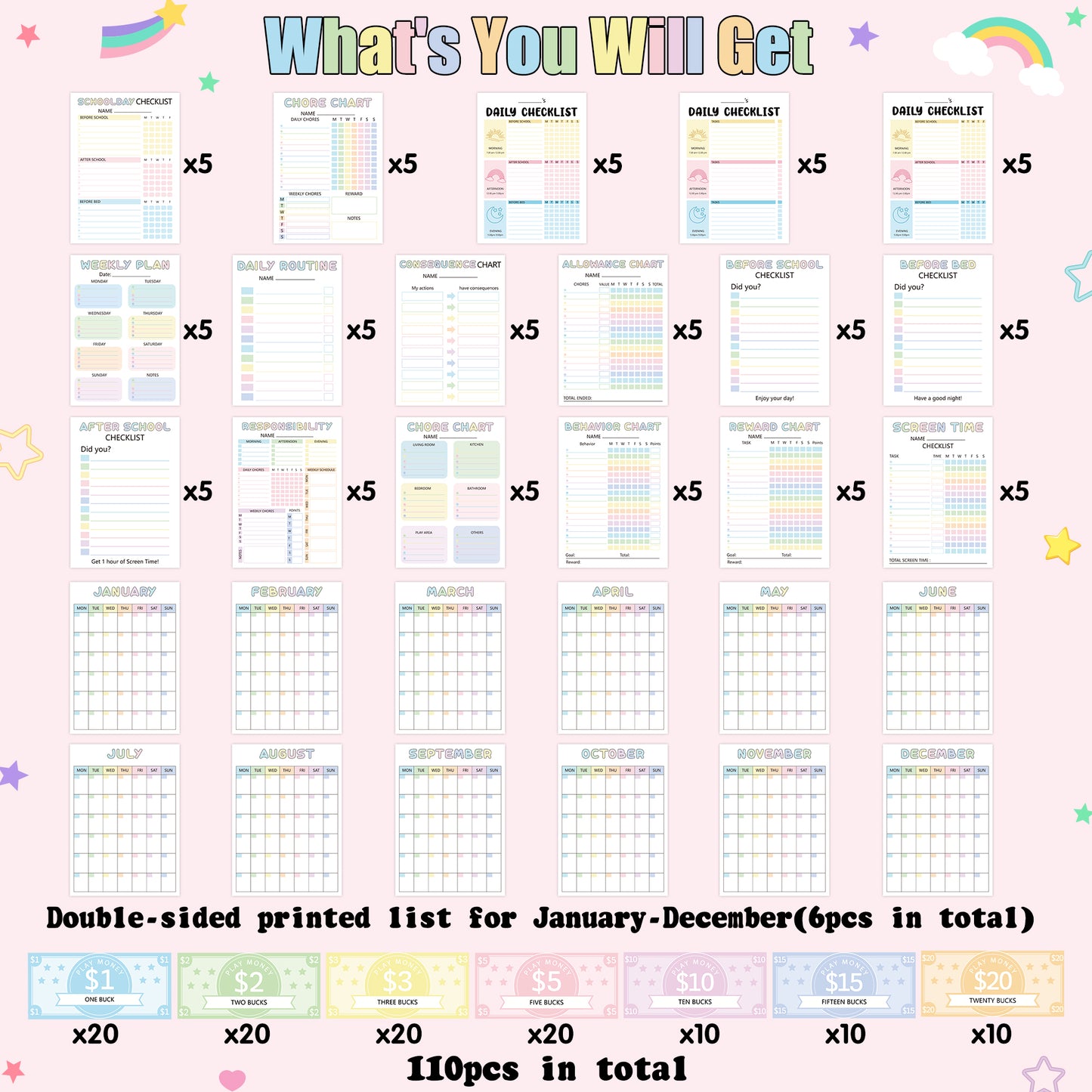 COcnny Kids Chore Reward Charts - 201pcs Good Behavior Reward System Bucks List, Prop Play Money Screen Time Routine Chart, Weekly Monthly Chores Token Daily Checklist Task Schedule for Home Classroom