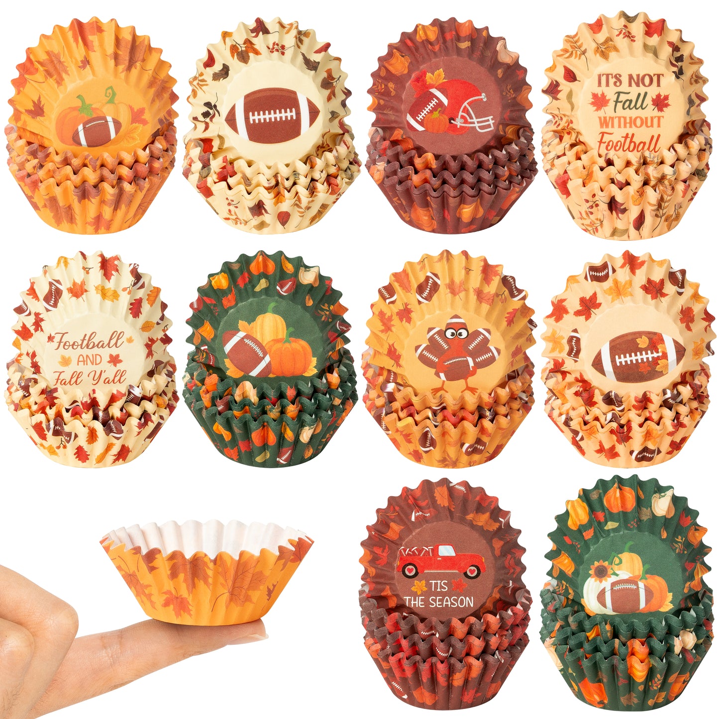 COcnny Fall Mini Cupcake Liners - 600pcs Autumn Football Muffin Paper Cupcakes Baking Cups Wrappers, Pumpkin Maple Leaf Case Cake Wrap Making Supplies for Fall Thanksgiving Halloween Party (10 Styles)
