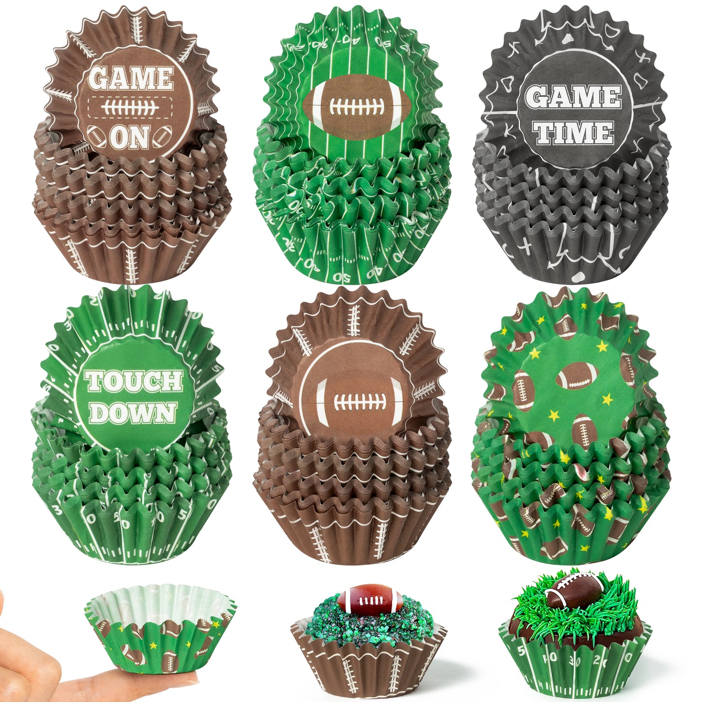 COcnny Football Mini Cupcake Liners - 600pcs Football Themed Mini Baking Cups Muffin Cupcakes Wrappers, Rugby Sport Paper Cake Wrap Making Supplies for Game Day Post-match Celebration Party (6 Styles)