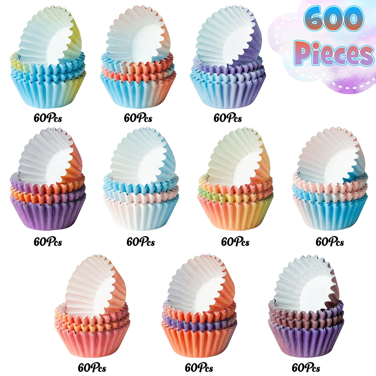 COcnny Mini Cupcake Paper Liner - 600pcs Gradient Pastel Baking Cups Muffin Cupcake Wrappers, Purple Blue Orange Cake Chocolate Candy Wrap Supplies for Birthday Wedding Baby Shower (10 Styles)