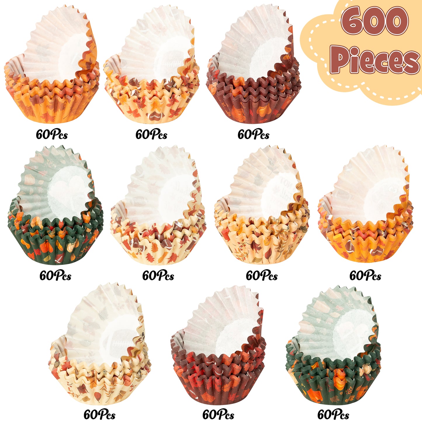 COcnny Fall Mini Cupcake Liners - 600pcs Autumn Football Muffin Paper Cupcakes Baking Cups Wrappers, Pumpkin Maple Leaf Case Cake Wrap Making Supplies for Fall Thanksgiving Halloween Party (10 Styles)