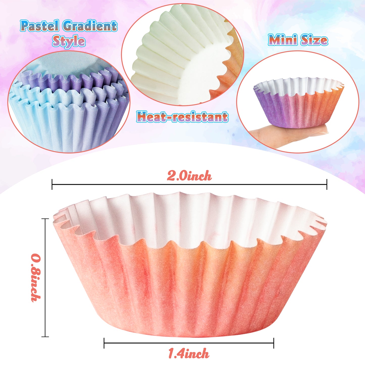 COcnny Mini Cupcake Paper Liner - 600pcs Gradient Pastel Baking Cups Muffin Cupcake Wrappers, Purple Blue Orange Cake Chocolate Candy Wrap Supplies for Birthday Wedding Baby Shower (10 Styles)