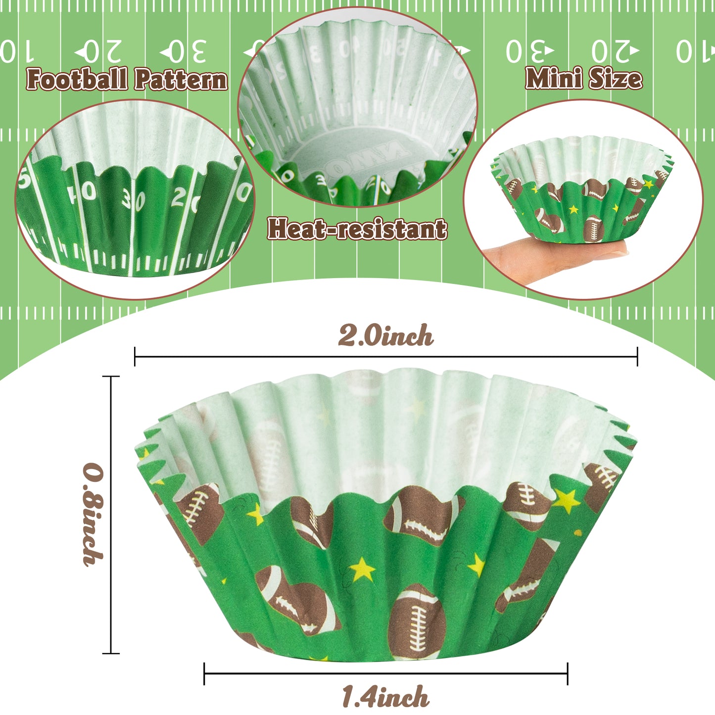 COcnny Football Mini Cupcake Liners - 600pcs Football Themed Mini Baking Cups Muffin Cupcakes Wrappers, Rugby Sport Paper Cake Wrap Making Supplies for Game Day Post-match Celebration Party (6 Styles)