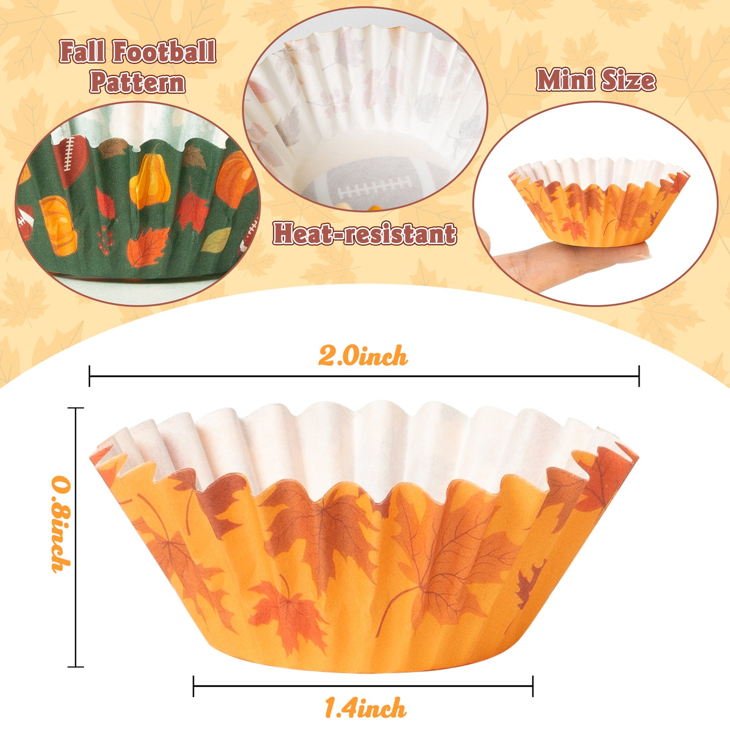 COcnny Fall Mini Cupcake Liners - 600pcs Autumn Football Muffin Paper Cupcakes Baking Cups Wrappers, Pumpkin Maple Leaf Case Cake Wrap Making Supplies for Fall Thanksgiving Halloween Party (10 Styles)