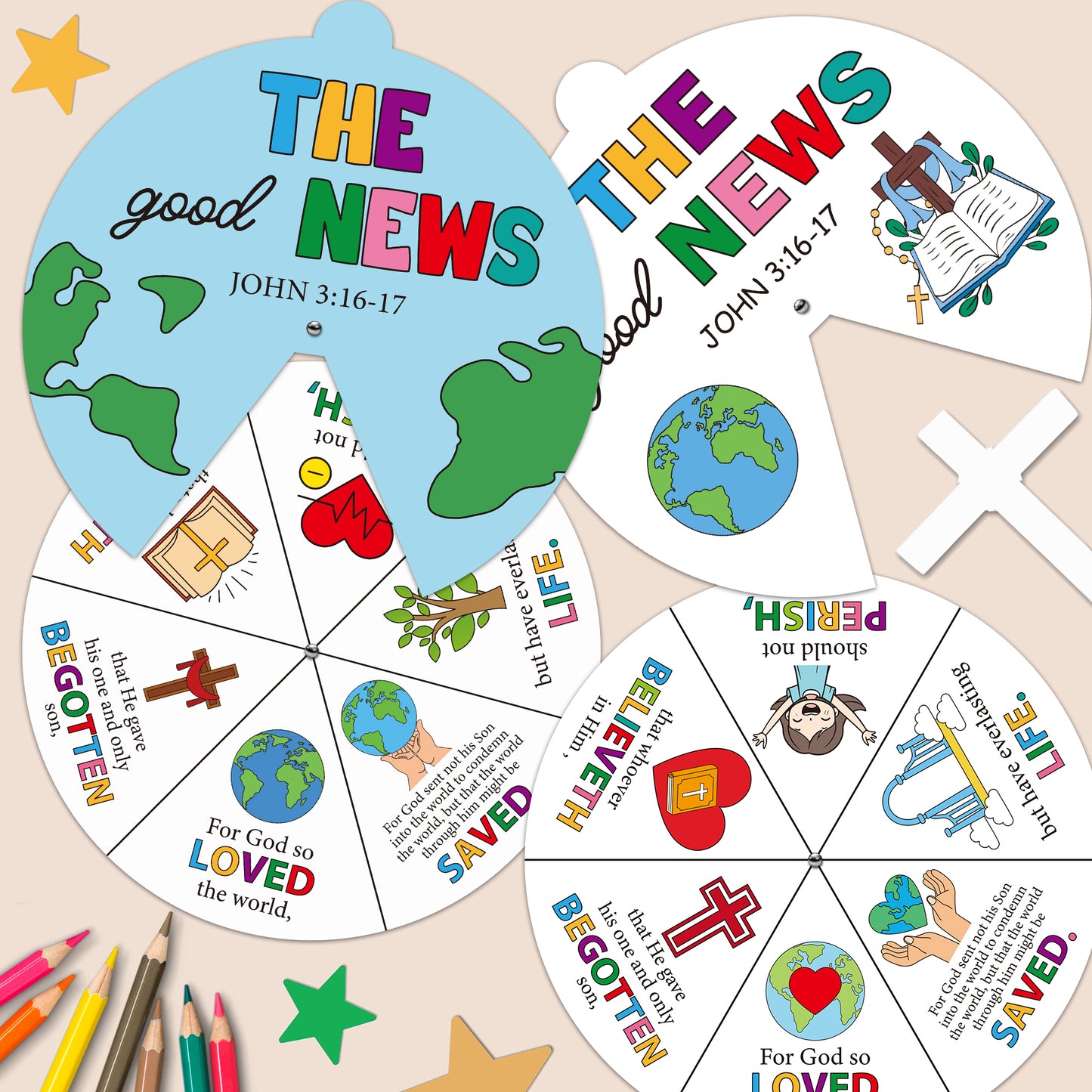 COcnny Religious Coloring Wheel Craft - 24 Sets Color Your Own Art Spining Cards for Kids, The Good News John 3:16 Wheel Kit DIY Craft Art Cards for Sunday School Christian Classroom Home Activities