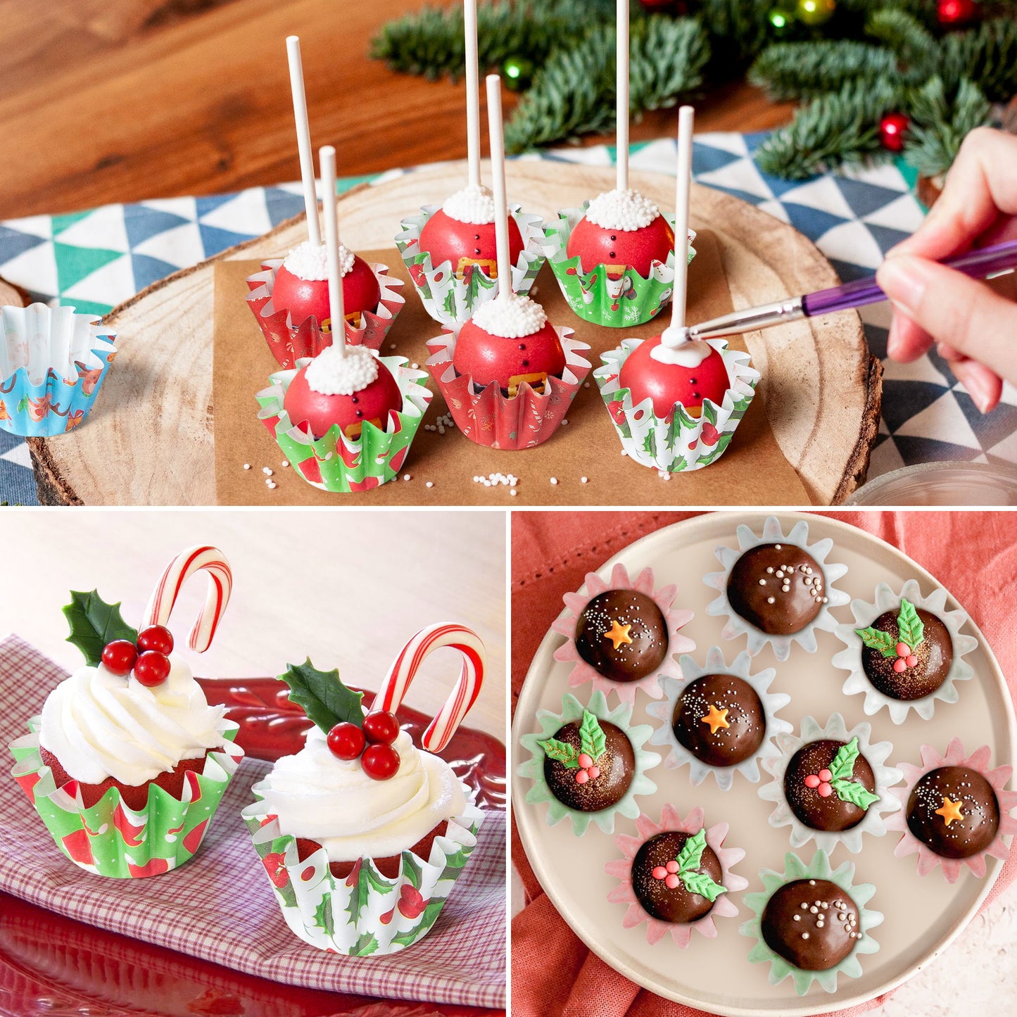 COcnny Christmas Mini Cupcake Liners - 200pcs Xmas Small Baking Cups Muffin Cupcakes Wrapper, Santa Snowman Disposable Grease-Resistant Cake Candy Making Wrap Paper for Christmas Eve Party (10 Styles)