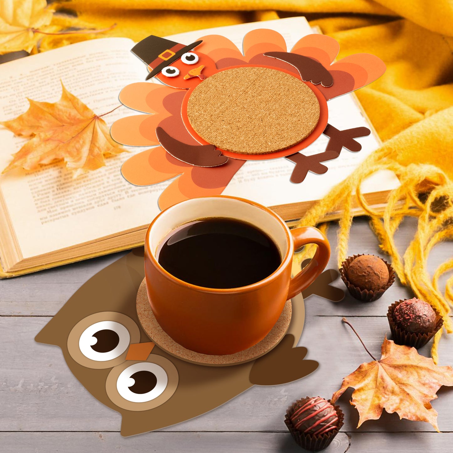 COcnny Fall Animal Coaster Craft - 24 Sets Thanksgiving DIY Craft Kit for Kids, Autumn Turkey Hedgehog Art Coasters, Make Your Own Cup Base Decor for School Classroom Home Activities Party Supplies