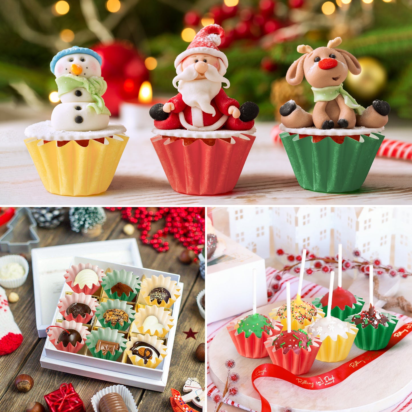 COcnny Christmas Mini Cupcake Liners - 240pcs Xmas Small Baking Cups Muffin Cupcakes Wrapper, Red Gold Green Disposable Grease-Resistant Cake Candy Making Wrap Paper for Christmas Eve Party (3 Styles)
