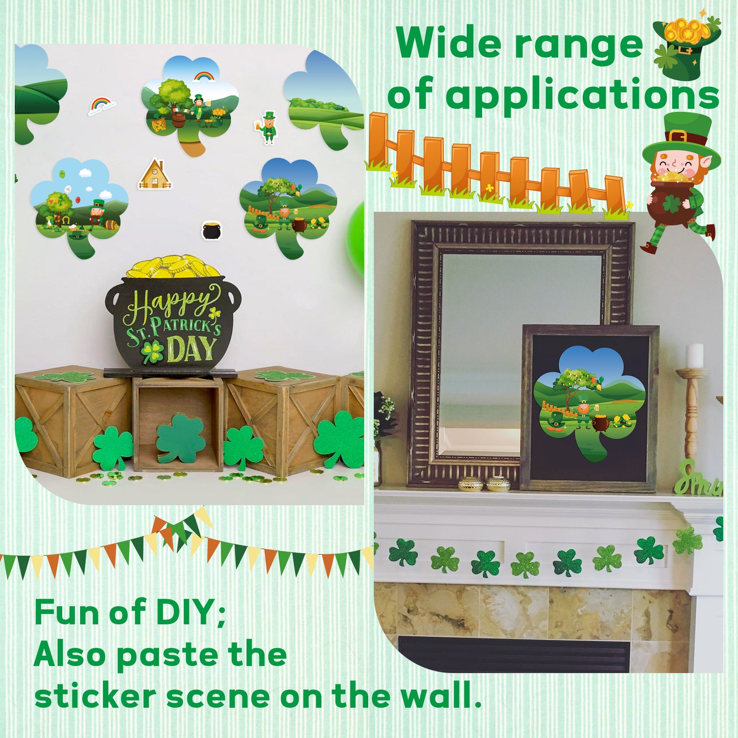 COcnny 24pcs Make a St. Patrick's Day Scene Sticker Craft, Make Your Own Scene Stickers for Saint Patrick’s Day, Shamrock Irish Lucky Clover DIY Art Labels, Classroom Kids Game Party Goodies Favor
