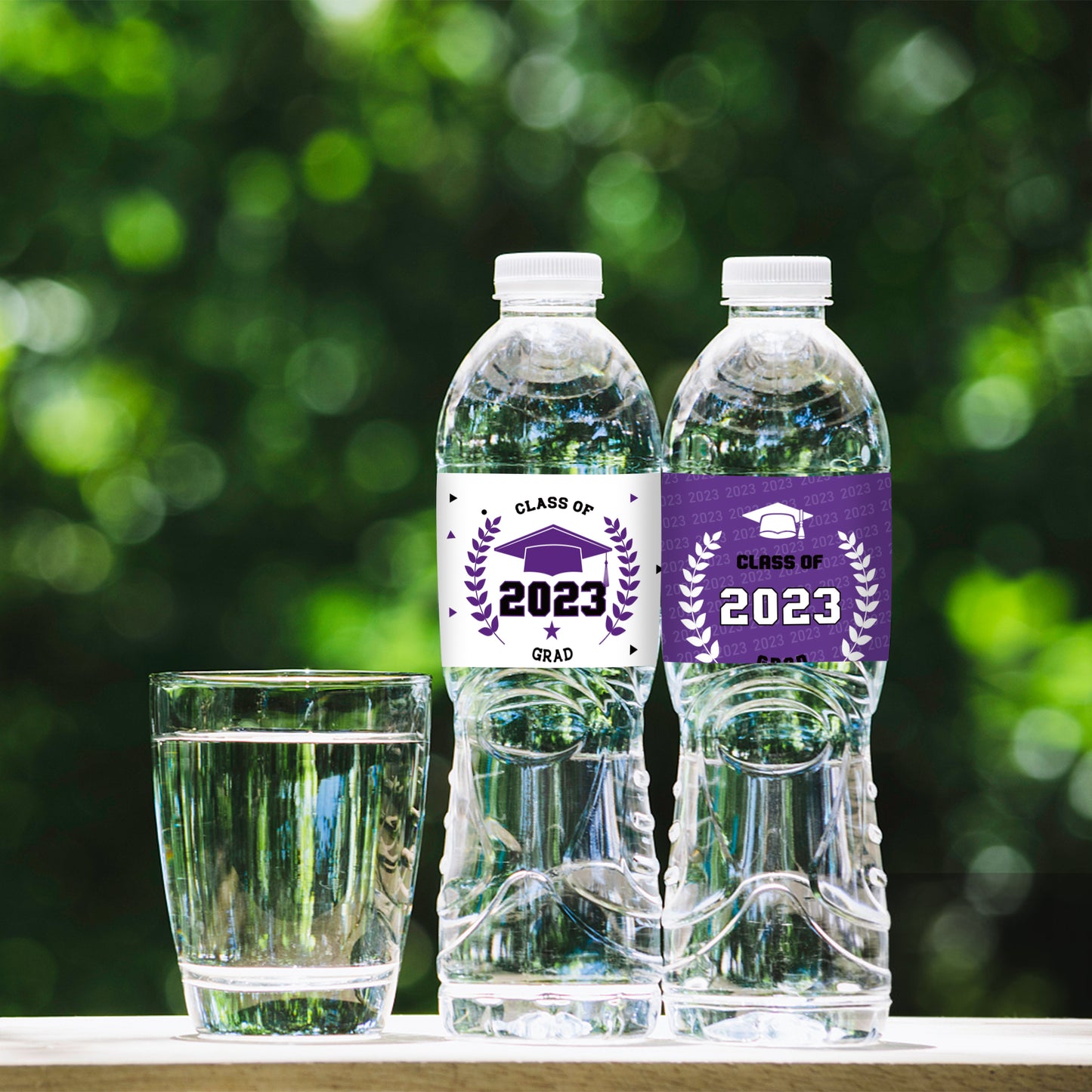 COcnny 120pcs Graduation Water Bottle Labels, Graduation Decoration Sticker Class of 2023 Congrats Grad Party Supplies, Bottle Wrapper Label Decor for High School College Graduate Celebration (Purple)