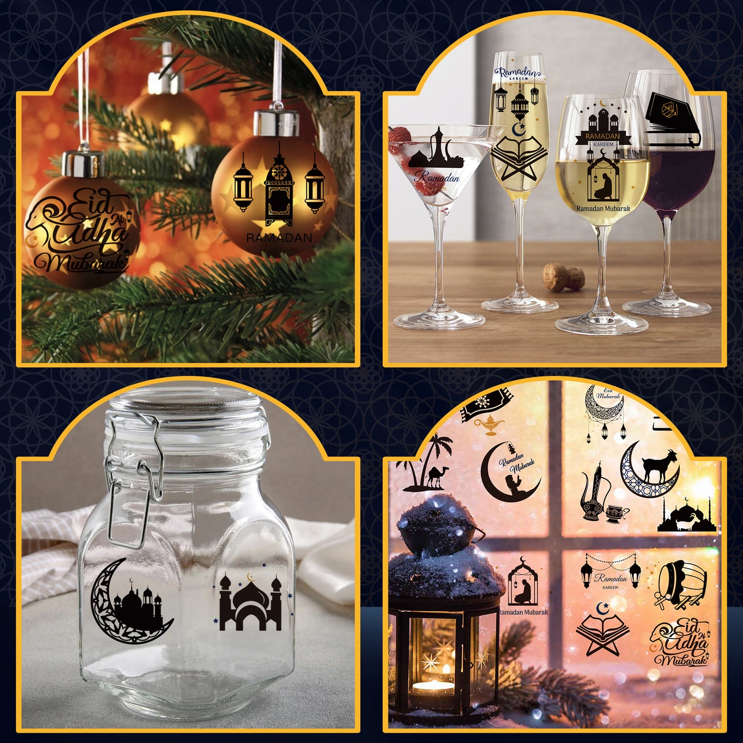 COcnny 24pcs Ramadan Jar Decals Decorations, Eid Mubarak Ornaments Stickers, Ramadan Kareem DIY Crafts Religious Vinyl Sticker, Window Wall Mosque Night Light Clings for Al-fitr Party Favor Supplies
