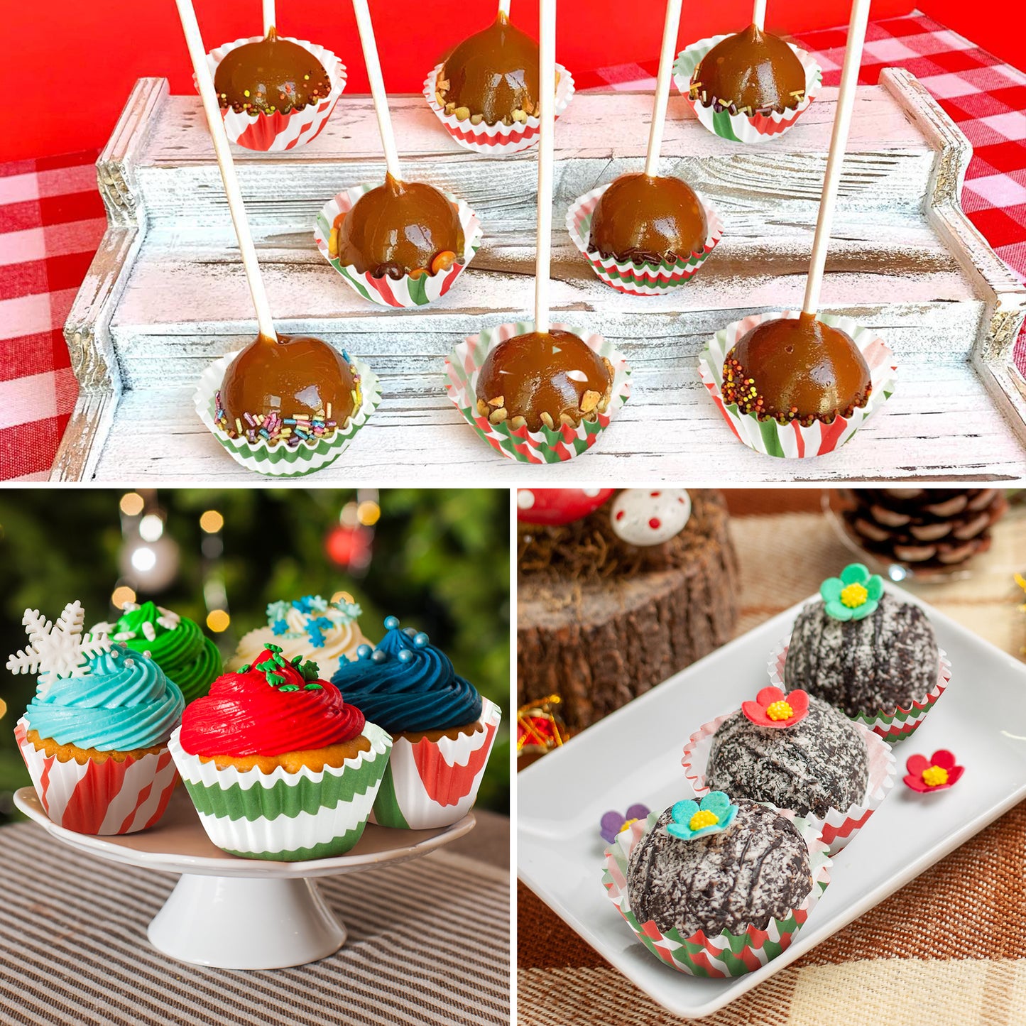 COcnny Christmas Mini Cupcake Liners - 600pcs Merry Christmas Candy Baking Cups Muffin Cupcakes Wrappers, Xmas Tree Santa Disposable Chocolate Cake Wrap Making Supplies for Xmas Eve Party (10 Styles)