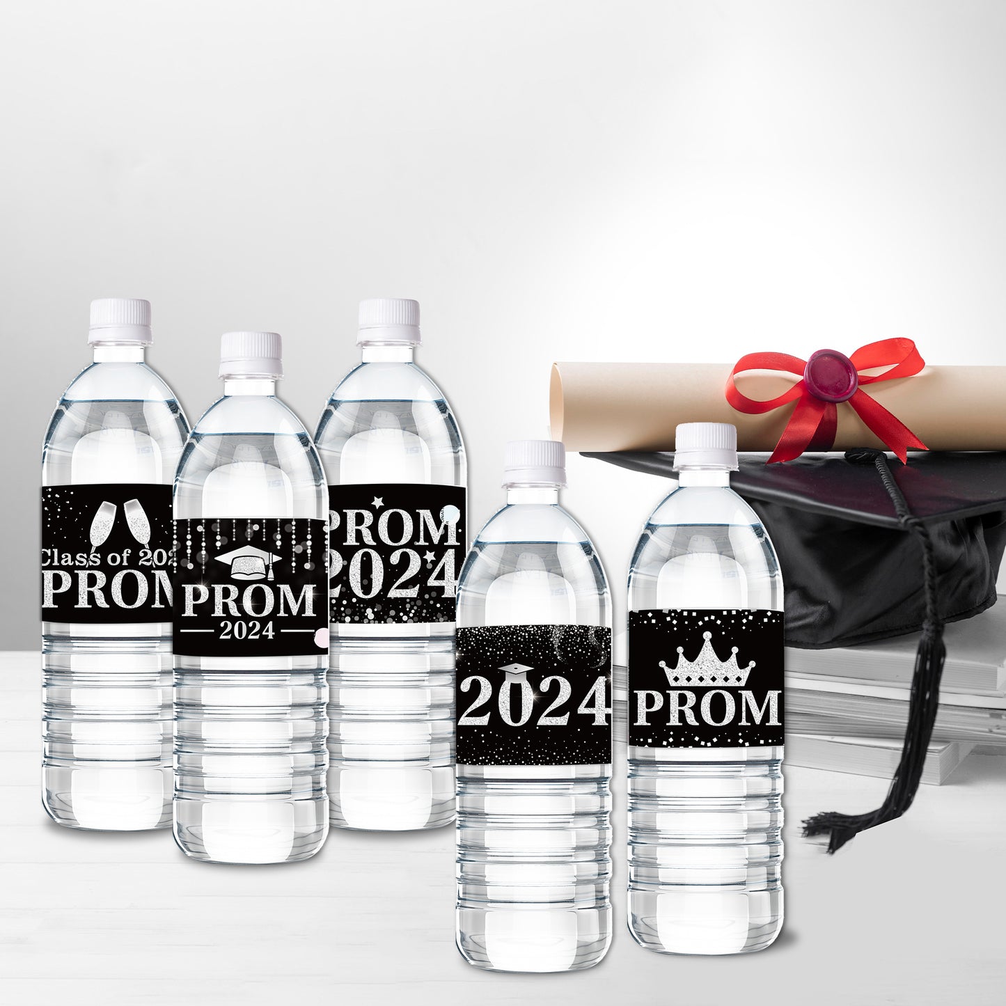 Graduation Prom Water Bottle Label - COcnny 120pcs Prom Party Decorations Stickers Congrats Grad Supplies, Class of 2024 Bottle Wrappers Sticker Decor for College School Celebration (Black Sliver)