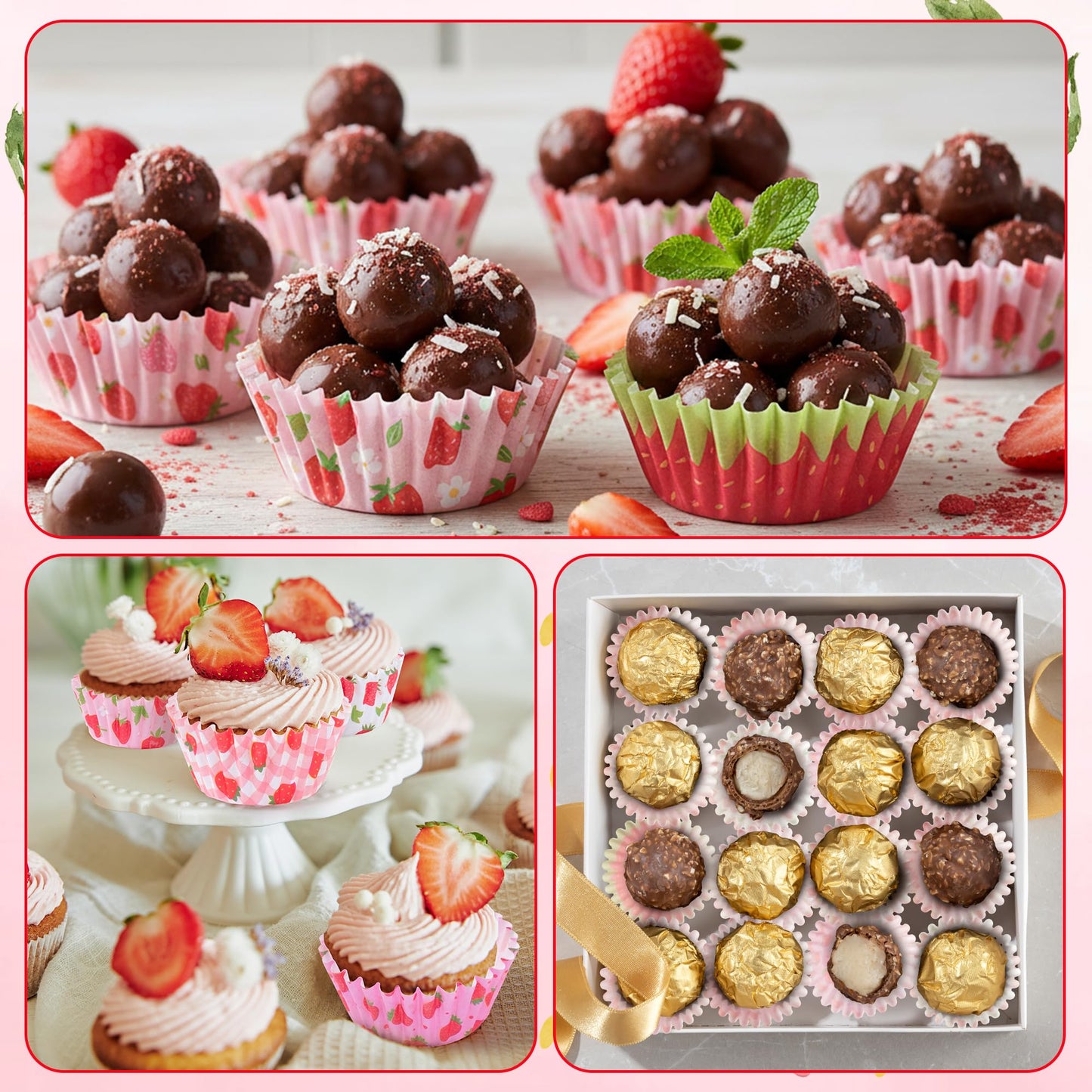COcnny Strawberry Mini Cupcake Liners - 600pcs Summer Baking Cups Muffin Cupcakes Paper Wrappers, Pink Watermelon Candy Cake Chocolate Wrap Making Supplies for Baby Shower Party Birthday (10 Styles)