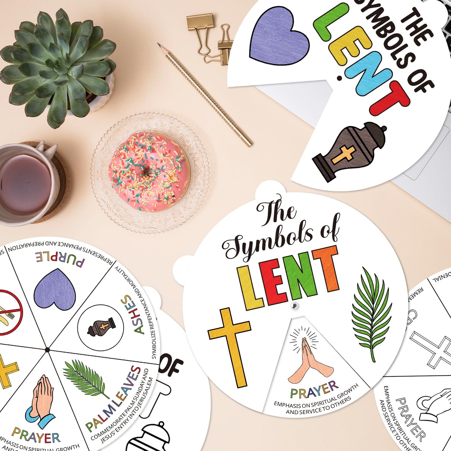 COcnny Lent Coloring Craft Kit - 24 Sets DIY Color Your Own Christian Religious Art Craft Wheel Cards, The Symbols of Lent Paper for Church Fasting Sunday School Home Bible VBS Activities