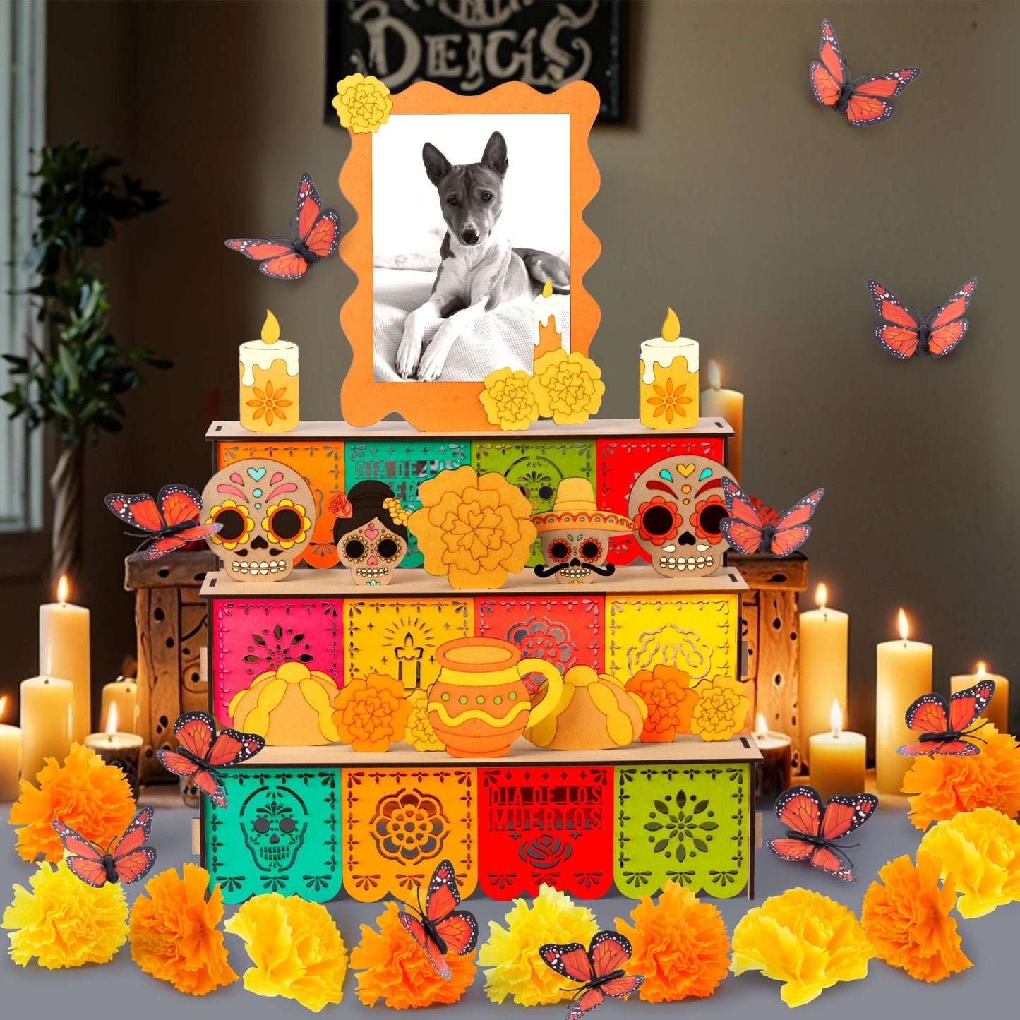 COcnny Day of The Dead Altar Ofrenda - 37pcs Wooden Shadow Box Photo Frame Set for Dia De Los Muertos Altar Memorial Decorations, Marigold Flower Butterfly Tabletop Ofrenda Decor for Remembrance