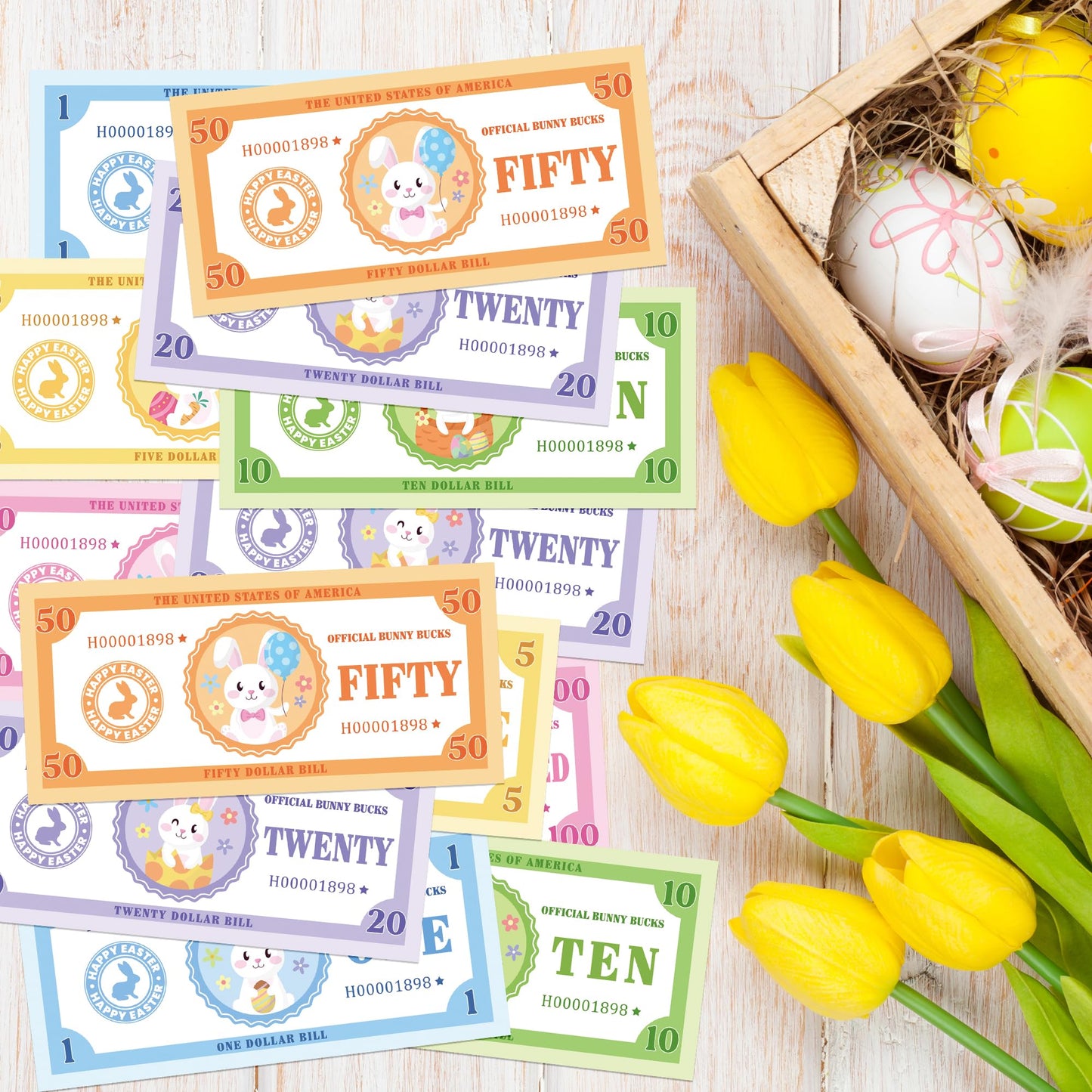 COcnny Easter Play Bucks for Game - 600pcs Hunt Bunny Bank Paper Money for Pretend Play Cashier, Spring Egg Theme Fake Bucks for Refill Packs School Home Reward Prop Supplies