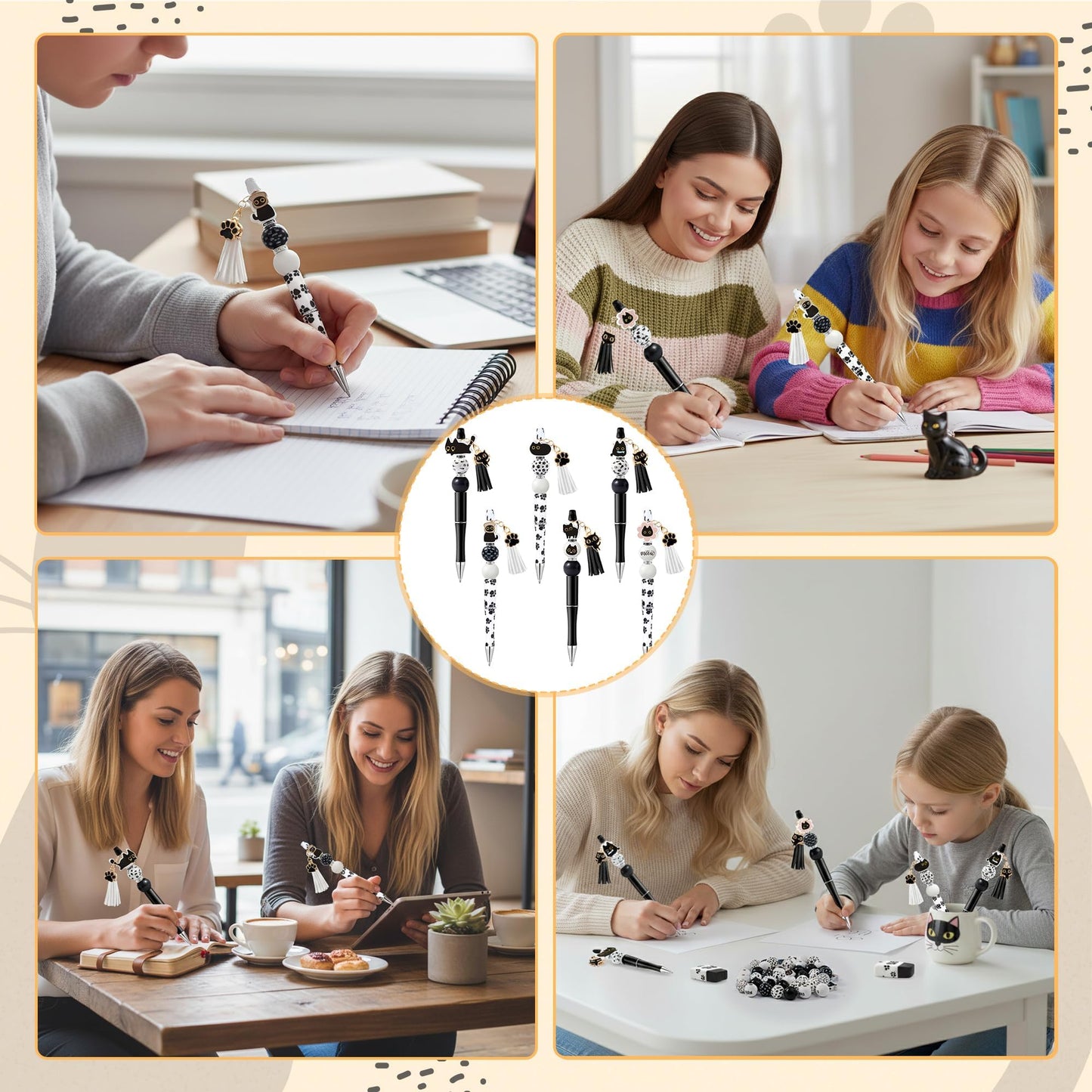 COcnny Pet Paw Beadable Pens- 12 Set Black Cat DIY Ballpoint Craft Making Kit with Bead Craft, Cute Cat Beaded Pen Bulk Charm Tassel Supplies for Pet Animal Party School Students Gift