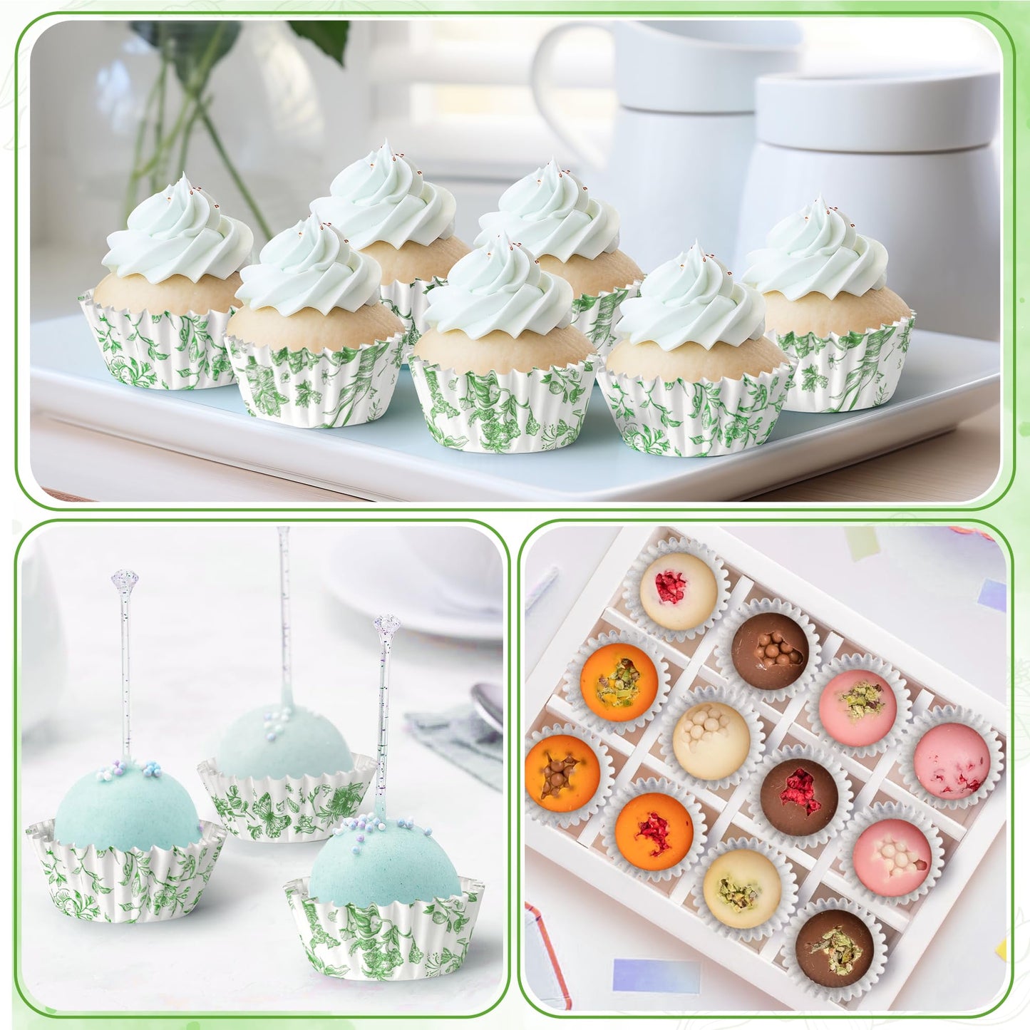 COcnny Greenery Mini Cupcake Liners - 600pcs Sage Green Flower Baking Cups Muffin Paper Cupcakes Wrappers for Birthday, Candy Cake Chocolate Wrap Making Supplies for Baby Shower Birthday (10 Styles)
