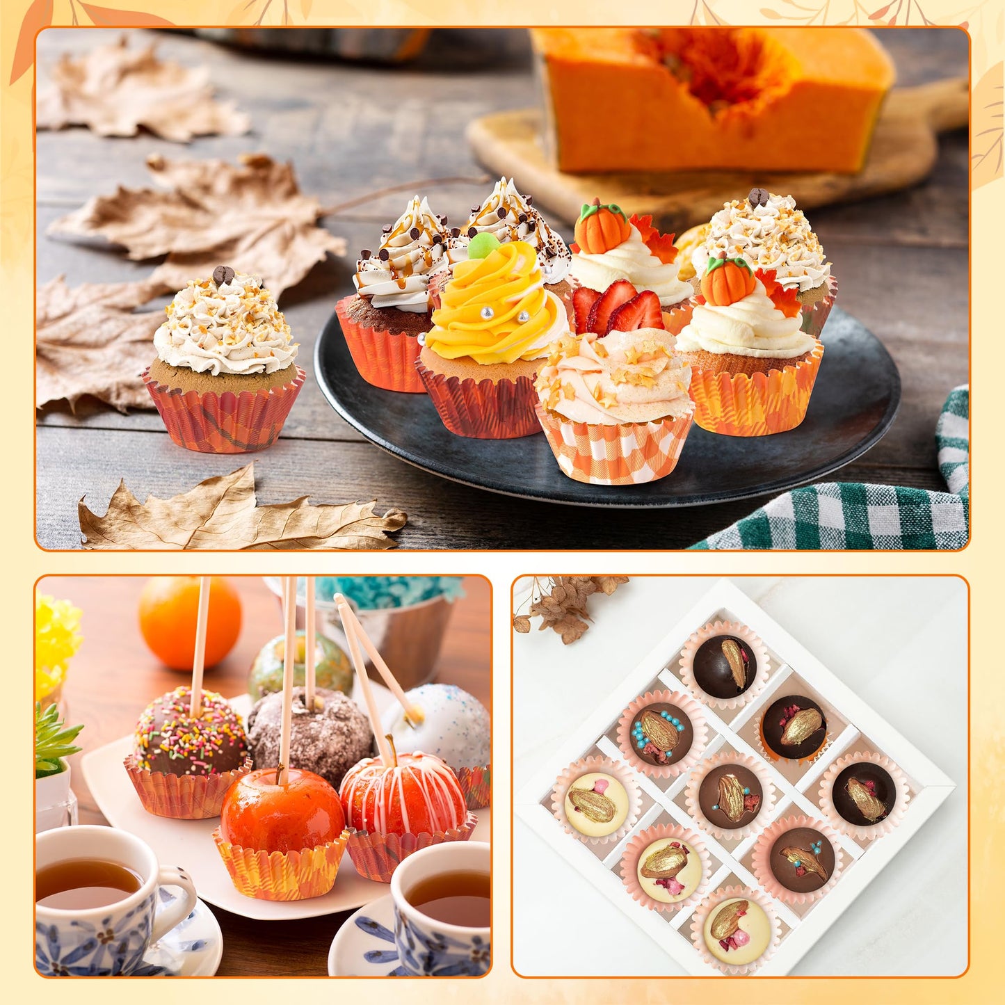 COcnny Fall Mini Cupcake Liners - 600pcs Autumn Plaid Muffin Small Paper Cupcakes Baking Cups Wrappers, Orange Brown Case Cake Wrap Making Supplies for Fall Thanksgiving Birthday Party (8 Styles)