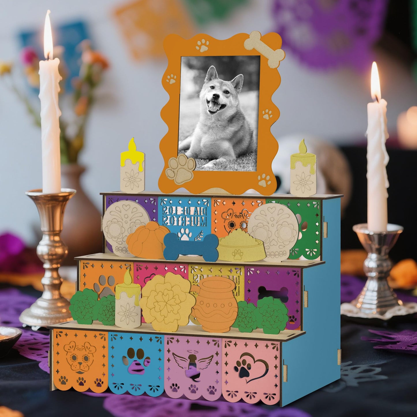 COcnny Day of the Dead Altar Ofrenda - Wooden Shadow Box Photo Frame Set for Dia De Los Muertos Altar Memorial Decorations, Skull Candle Tabletop Ofrenda Display Decor for Pet Dog Remembrance (1 Set)