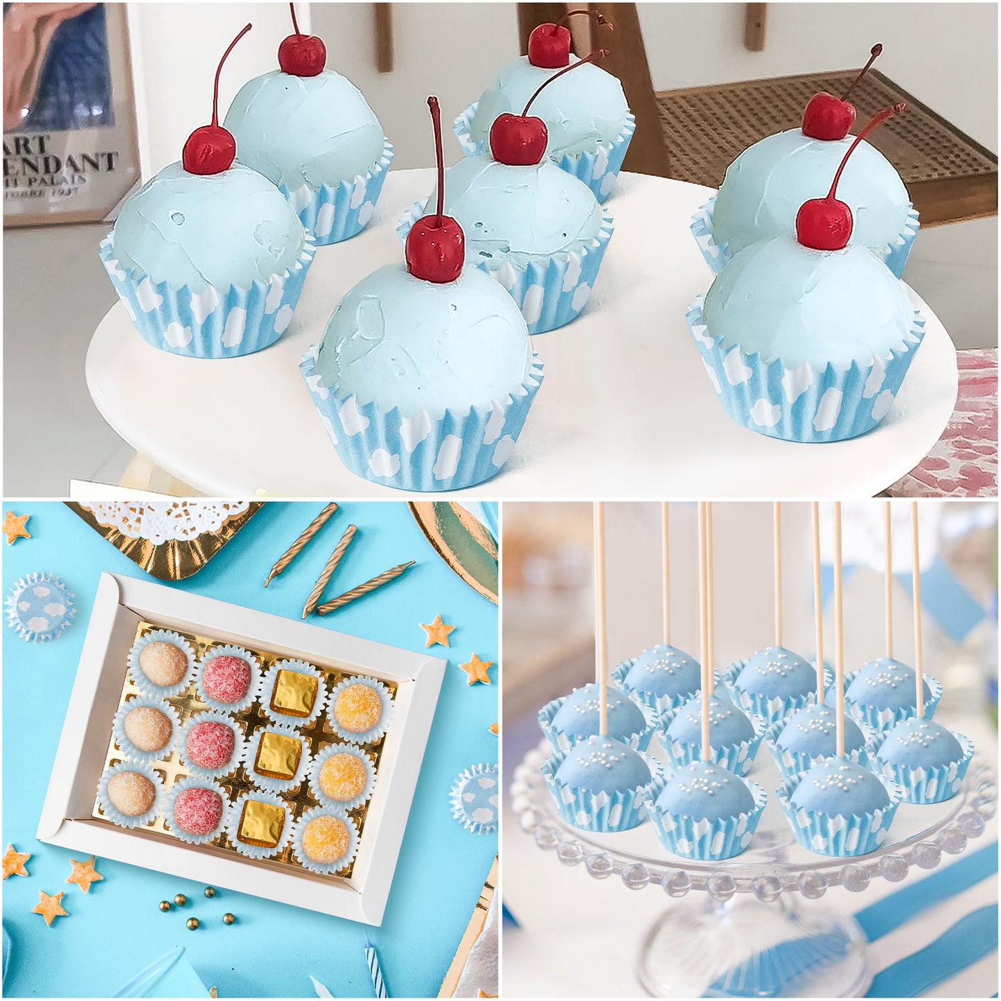 COcnny Baby Shower Cupcake Liner - 600pcs Cloud Mini Baking Cups Muffin Paper Case Cupcake Wrappers, White Blue Cake Chocolate Candy Wrap Molds for Birthday Wedding School Supplies (10 Styles)