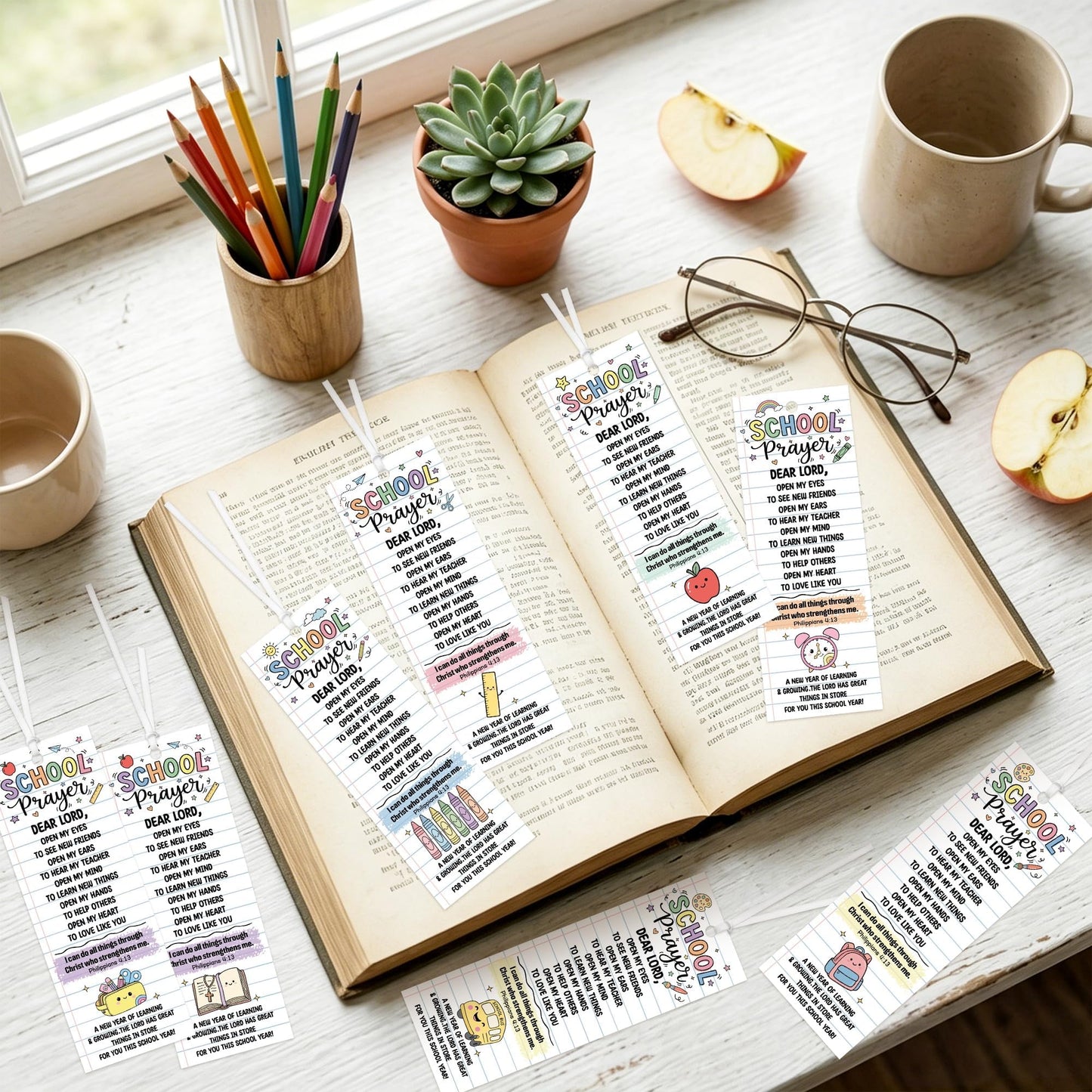 COcnny Back to School Prayer Bookmarks - 240pcs Religious Bookmark Bulk for First Day of School Gift, Inspiration Book Mark with Ribbon for Sunday School Classroom Celebration Event Church Supplies