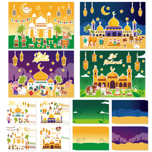 COcnny 48pcs Eid Mubarak Craft Kit, Mosque Scene Stickers for Kids, Make Your Own Ramadan Kareem Scene Decal, Religious Label DIY Art Ornament for Eid Al-fitr Party School Classroom Favor Supplies