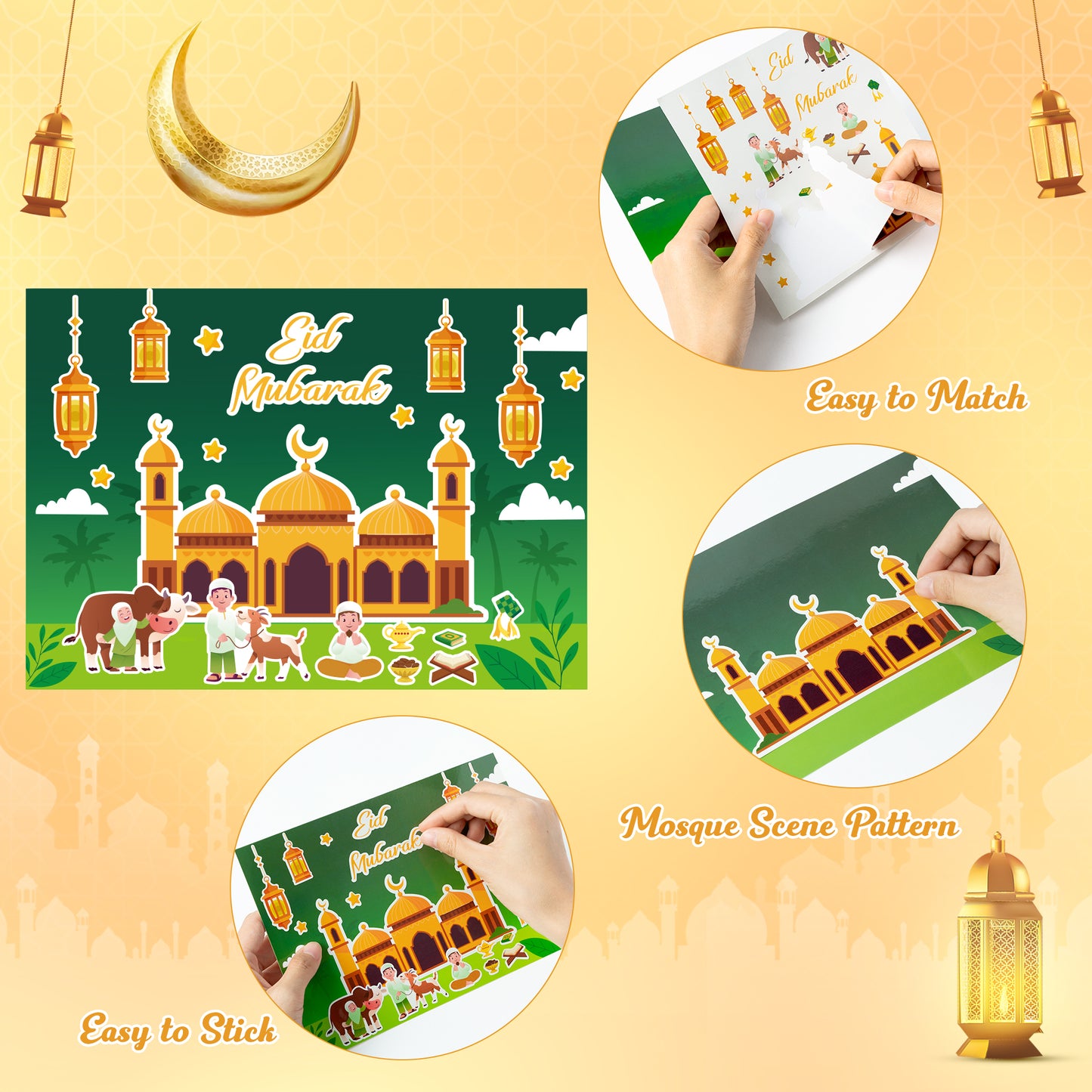 COcnny 48pcs Eid Mubarak Craft Kit, Mosque Scene Stickers for Kids, Make Your Own Ramadan Kareem Scene Decal, Religious Label DIY Art Ornament for Eid Al-fitr Party School Classroom Favor Supplies