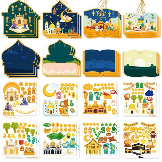 COcnny 49pcs Eid Mubarak Craft Kit Mosque Scene Stickers for Kids, Make Your Own Ramadan Kareem Scene Decal, DIY Art Religious Label Hanging Ornament for Al-fitr Classroom Party Favor Goodies Supplies