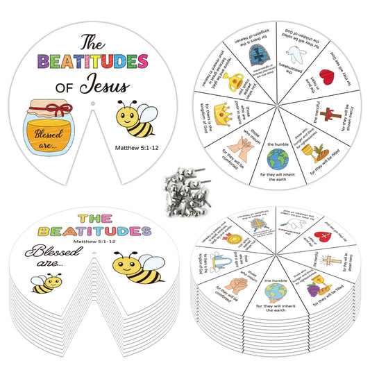 COcnny Beatitudes Coloring Wheel Craft - 24Sets Color Your Own Jesus Art Kit for Kids, Religious Bee Beatitudes Color DIY Crafts Card for Sunday School Christian Classroom Home Activities VBS Supplies