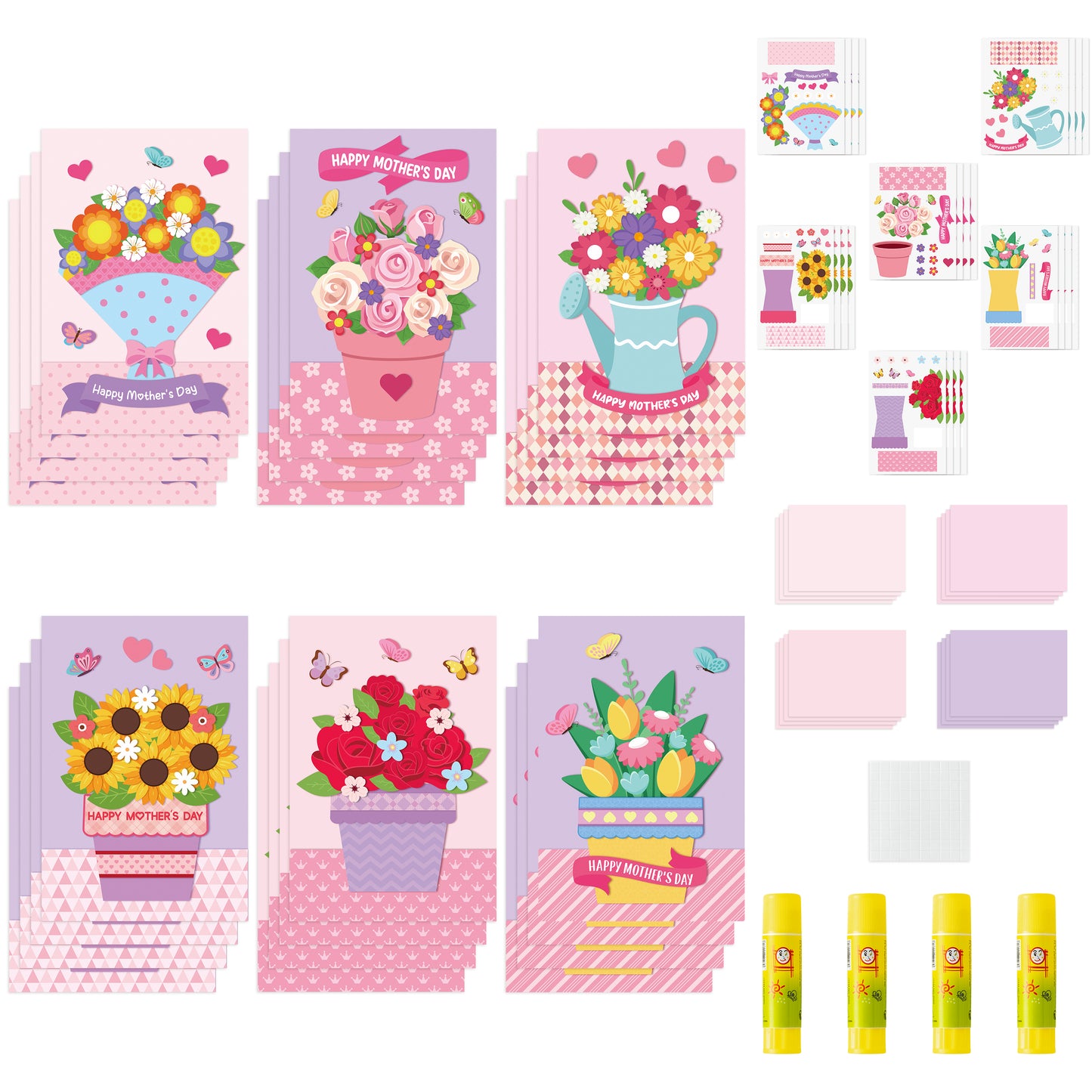 COcnny Mothers Day DIY Card - 24 Set Mother’s Day Flower Craft Kit for Kids, DIY Bouquet Paper Include 48pcs Cards, Make Your Own Floral Crafting for Mom Gift, Classroom Home Sunday School Activities