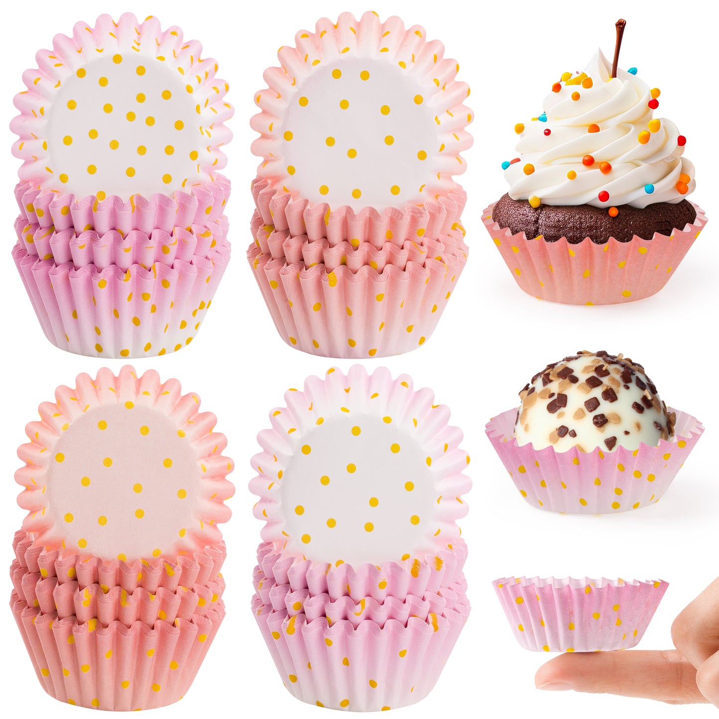 COcnny 600pcs Pink and Gold Mini Cupcake Paper Liners, Baking Cups Muffin Case Cupcakes Wrappers for Baby Shower, Gold Polka Dot Cake Chocolate Candy Wrap Making Supplies for Birthday Party (4 Styles)