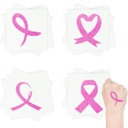 COcnny 20pcs Breast Cancer Awareness Tattoo Sticker, Glitter Pink Breast Cancer Decals Items Decorations, Tramp Stamp Ribbon Temporary Tattoos Accessories Favor for Women Girl Hand Face Body (4 Style)