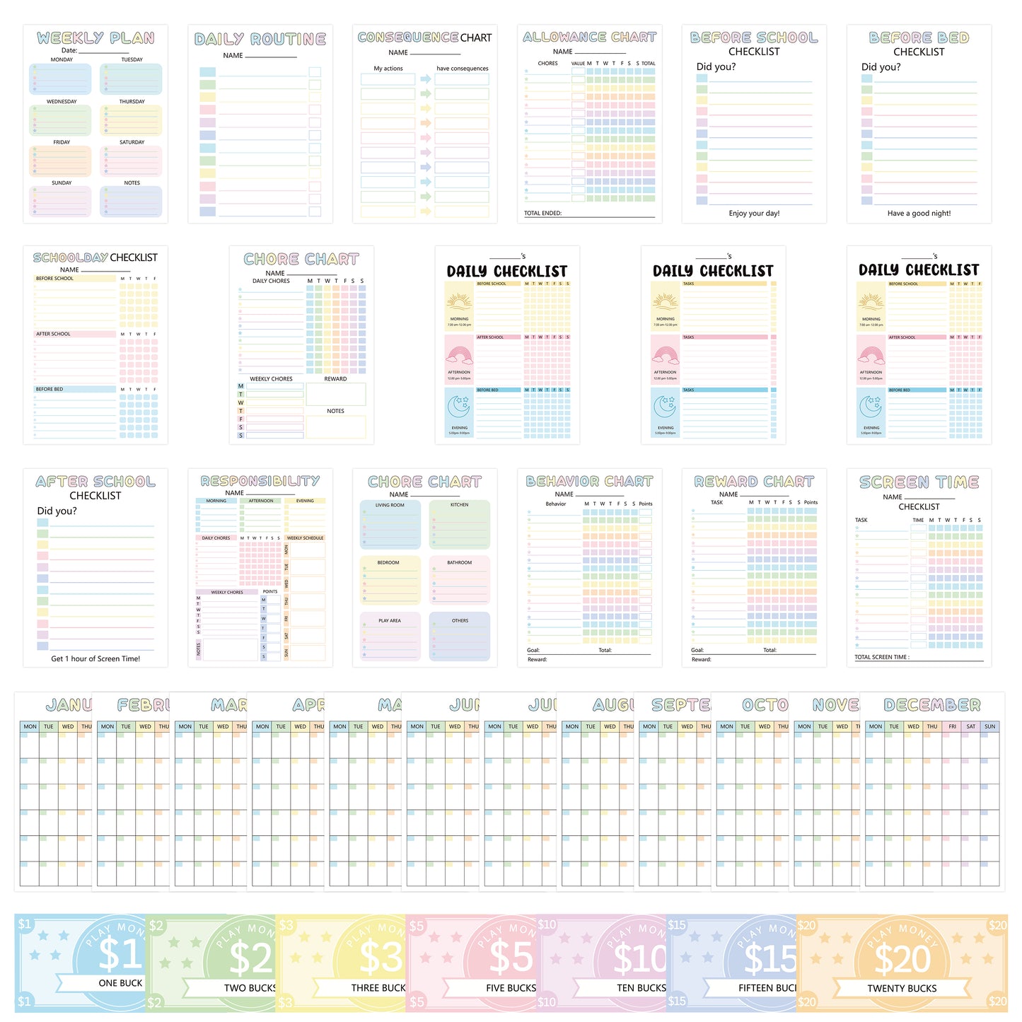 COcnny Kids Chore Reward Charts - 201pcs Good Behavior Reward System Bucks List, Prop Play Money Screen Time Routine Chart, Weekly Monthly Chores Token Daily Checklist Task Schedule for Home Classroom