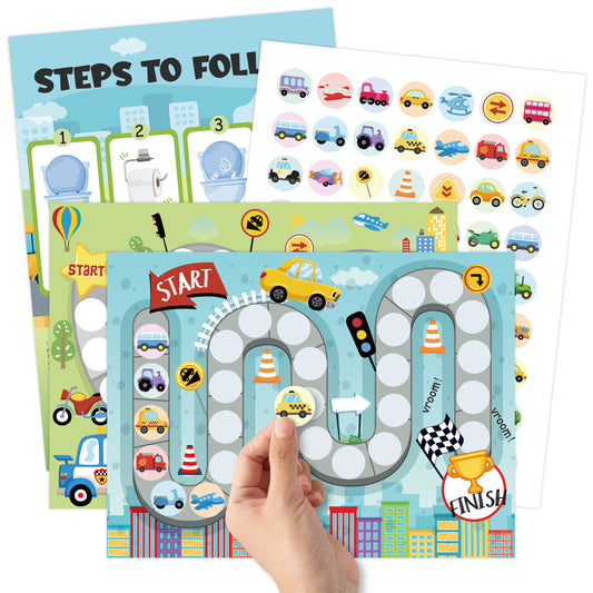 COcnny 29pcs Potty Training Chart with Vehicle Sticker Rewards for Toddler Girls Boys, Transportation Theme Potty Training Stickers Chart, Toilet Training Step Behavior Planner for Bathroom Wall Decor