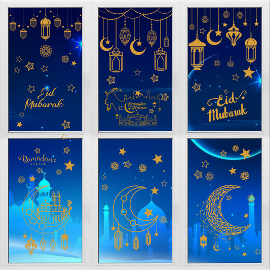 COcnny 6 Sheets Ramadan Window Clings, Eid Mubarak Removable Windows Sticker Decoration, Ramadan Kareem Muslim Eid Al Fitr Party Cling Decals Decor Supplies for Door Wall Mirror Home Glass Photo Prop