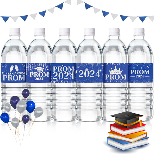 Graduation Prom Water Bottle Label - COcnny 120pcs Prom Party Decorations Stickers Congrats Grad Supplies, Class of 2024 Bottle Wrappers Sticker Decor for College School Celebration (Blue Sliver)