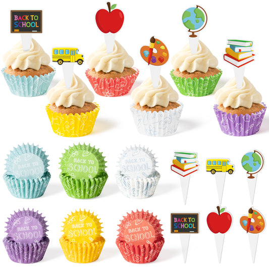 COcnny Mini Cupcake Paper Liner - 300pcs Back to School Cake Baking Cups, First Day of School Cupcake Wrappers with Cupcake Toppers, Apple Pencil Book Muffin Candy Wrap Making Supplies (6 Styles)