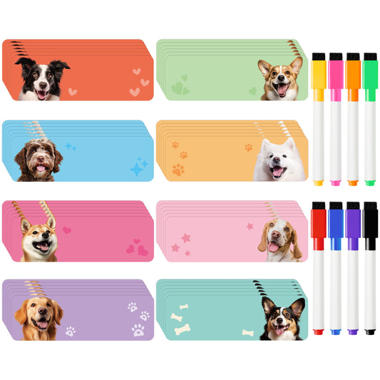 COcnny Magnetic Dry Erase Labels - 48pcs Dogs Themed Name Tags Magnets, Magnetic Labels Stickers Blank Reusable Strips for Classroom Whiteboard Students Locker Shelf Refrigerator Home School Office