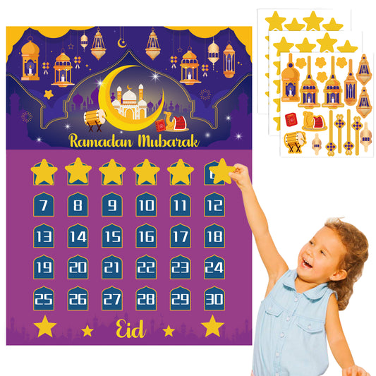 COcnny 4pcs Ramadan Calendar Decorations, Eid Mubarak Countdown Calendar for Kids, 30 Days Eid Advent Calendar Poster Star Stickers for Al-Fitr Party School Home Wall Ornament Photo Prop 27.5"x 21.5"