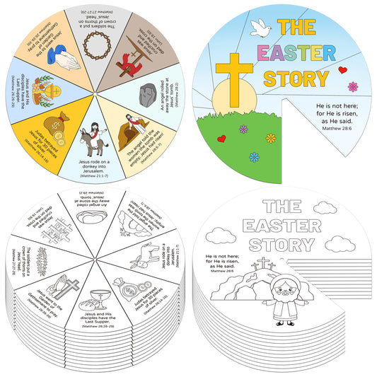COcnny 24 Sets The Easter Story Craft, Color Your Own Easter Jesus Wheel for Kids, Religious Bible Coloring Cards DIY Crafts Art Game for Sunday School Christian Classroom Home Activities VBS Supplies