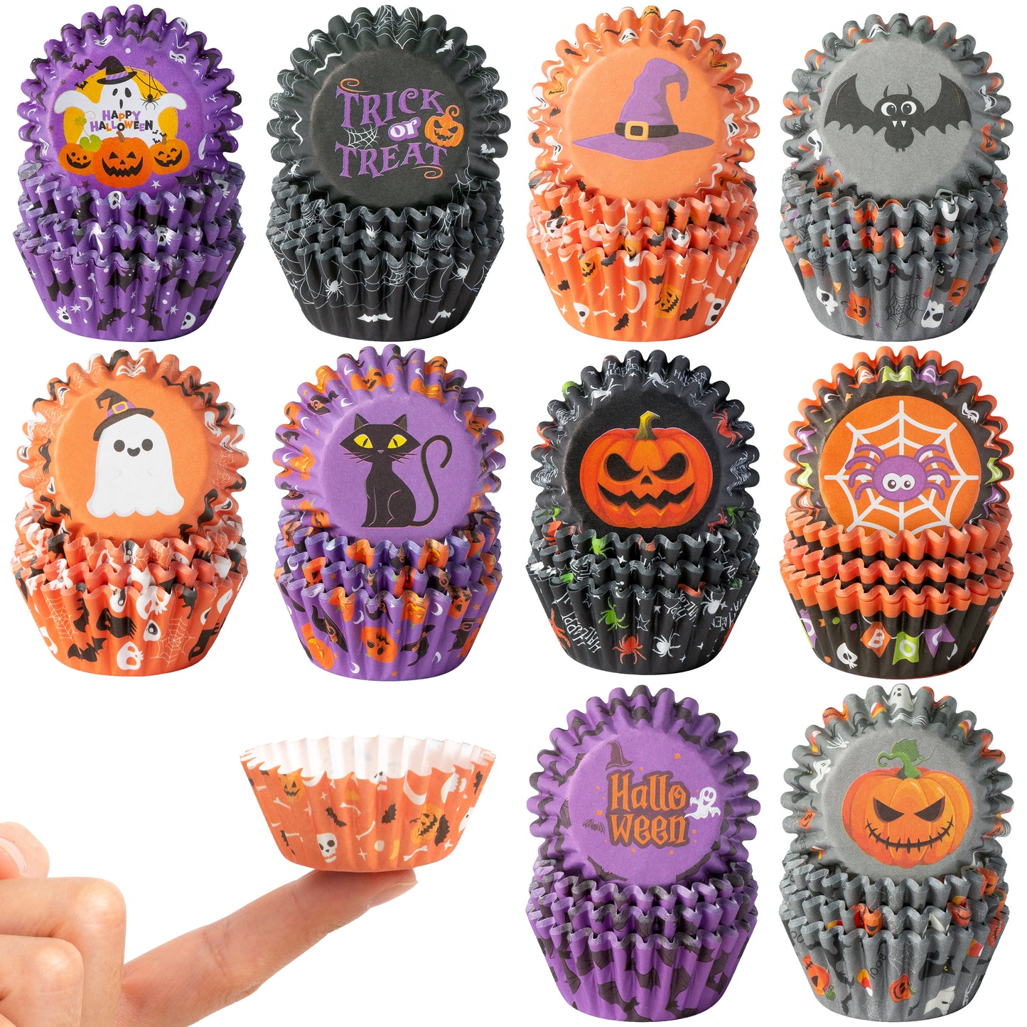 COcnny Halloween Mini Cupcake Liners - 600pcs Halloween Candy Baking Cups Muffin Cupcakes Wrappers, Pumpkin Ghost Skull Disposable Chocolate Cake Wrap Making Supplies for Party (10 Styles)