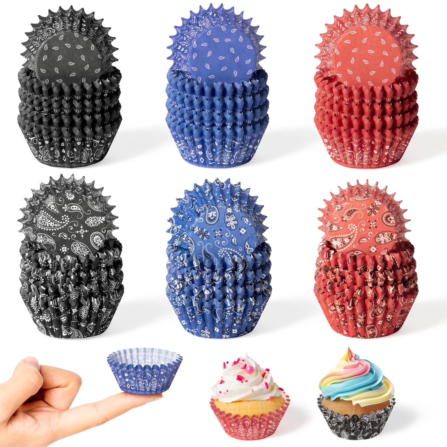 COcnny Mini Cowboy Cupcake Liners - 600pcs Western Bandana Baking Cups Muffin Paper Wrappers, Red Blue Black Gangsta Print Cupcakes Liner, Cake Chocolate Candy Wrap Molds Baking Supplies (6 Styles)