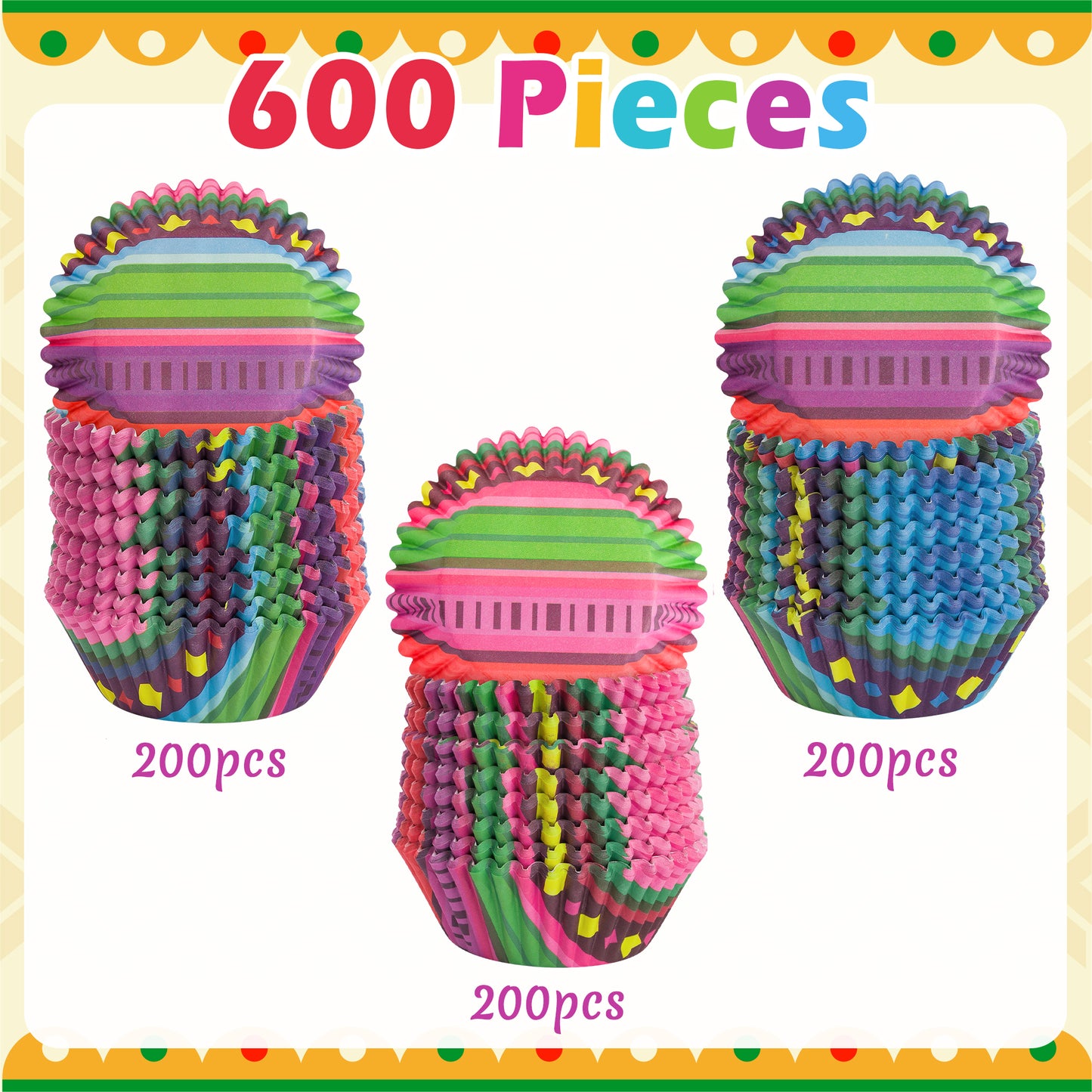 COcnny 600pcs Mexico Cupcake Paper Liners, Mexican Fiesta Baking Cups Muffin Case Cupcake Wrappers, Colorful Cake Chocolate Candy Wrap Supplies for Fiesta Party Birthday Wedding (3 Styles)