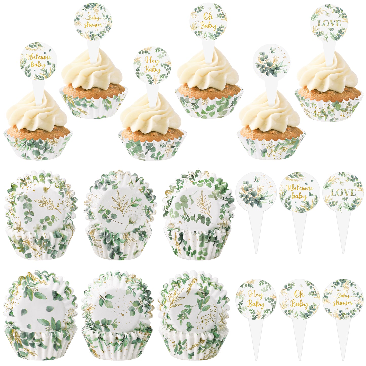 COcnny Mini Cupcake Paper Liner - 300pcs Greenery Baby Shower Cake Baking Cups, Green Leaf Themed Cupcake Wrappers with Cupcake Toppers, Muffin Chocolate Candy Wrap Making Supplies (6 Styles)