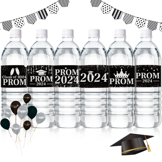 Graduation Prom Water Bottle Label - COcnny 120pcs Prom Party Decorations Stickers Congrats Grad Supplies, Class of 2024 Bottle Wrappers Sticker Decor for College School Celebration (Black Sliver)