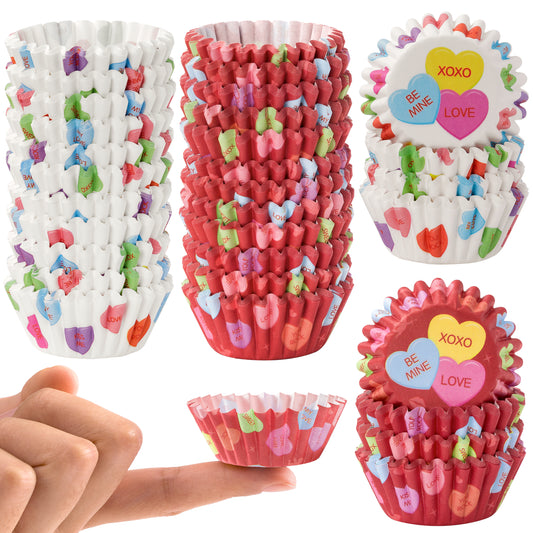 COcnny 600pcs Valentine’s Day Mini Cupcake Paper Liners, Happy Valentines Baking Cups Supplies, Conversation Talk Muffin Case Cupcake Wrapper, Heart Love Cake Wrap Making for Valentine Party (2 Style)